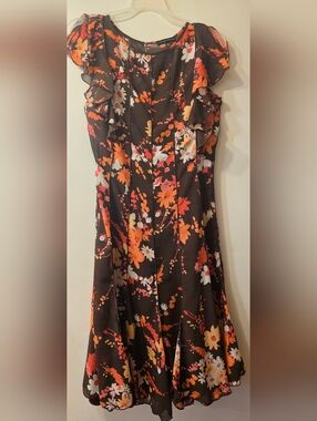 Sandra Darren Brown Dress with Orange & Pink Floral Accents